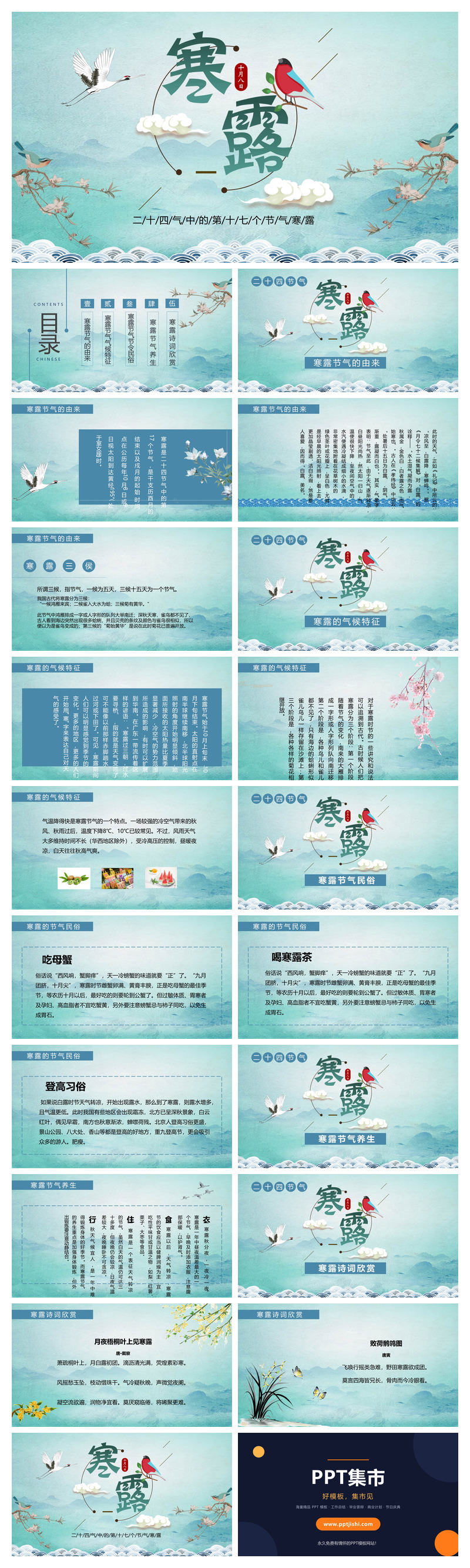 小鸟云朵寒露节气PPT模板