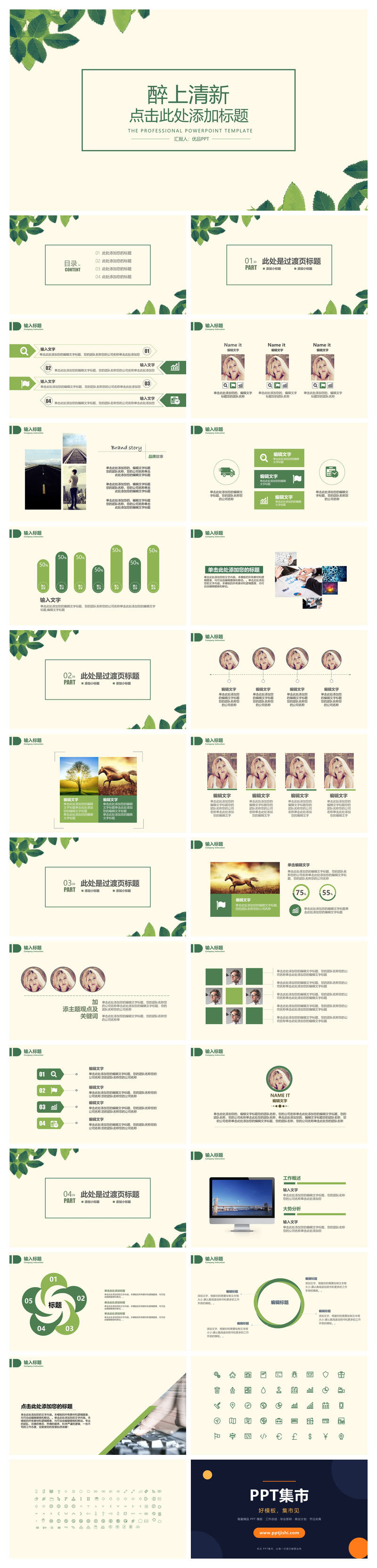 淡雅清新简约绿叶PPT模板