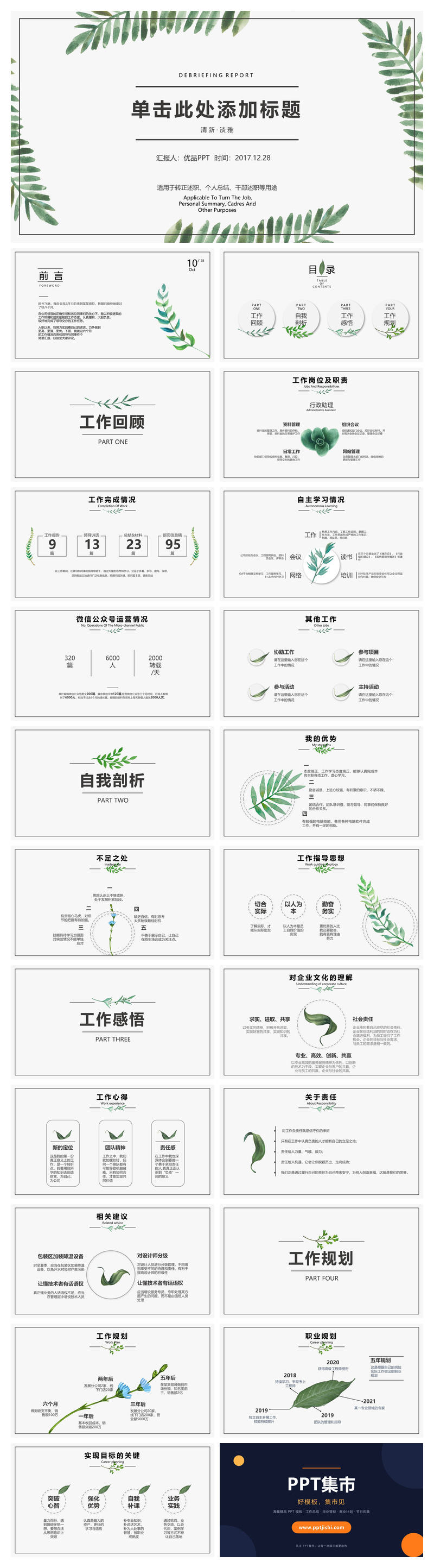 清新简约水彩绿叶PPT模板