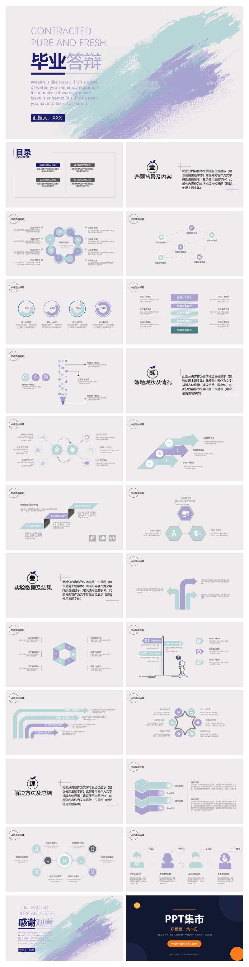 淡雅水彩墨迹毕业答辩PPT模板