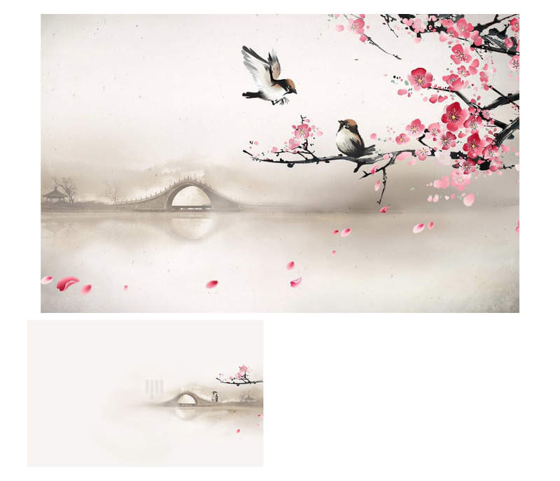 桃花小鸟拱桥古典PPT图片